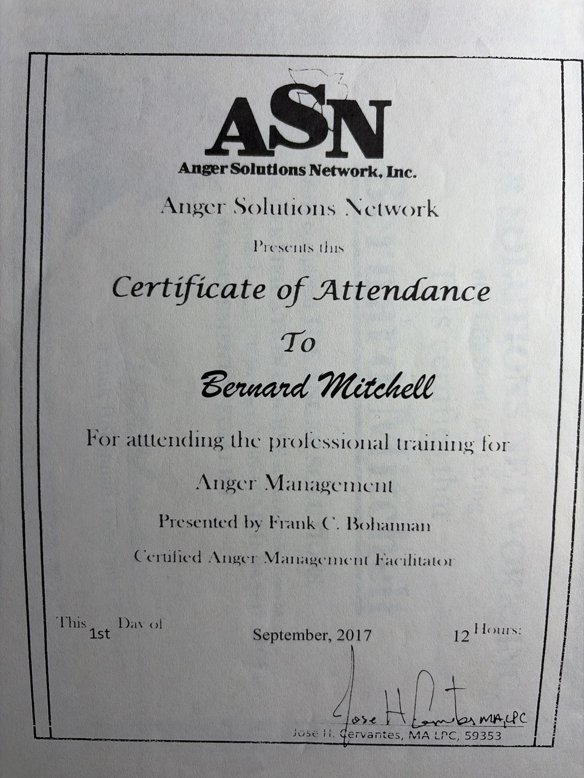 Anger Solutions Network certificate of attendance for anger management training