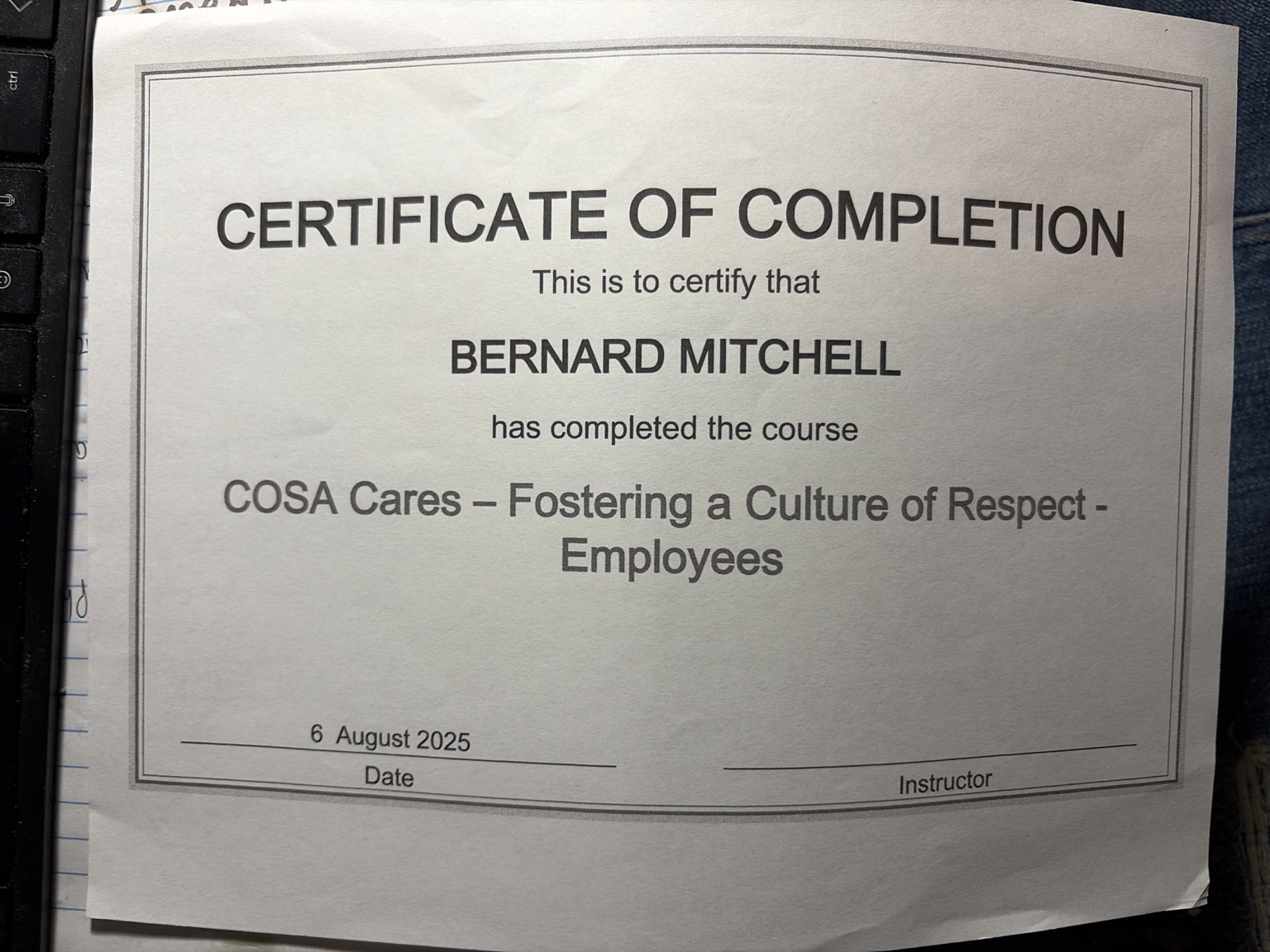 COSA Cares Fostering a Culture of Respect certificate