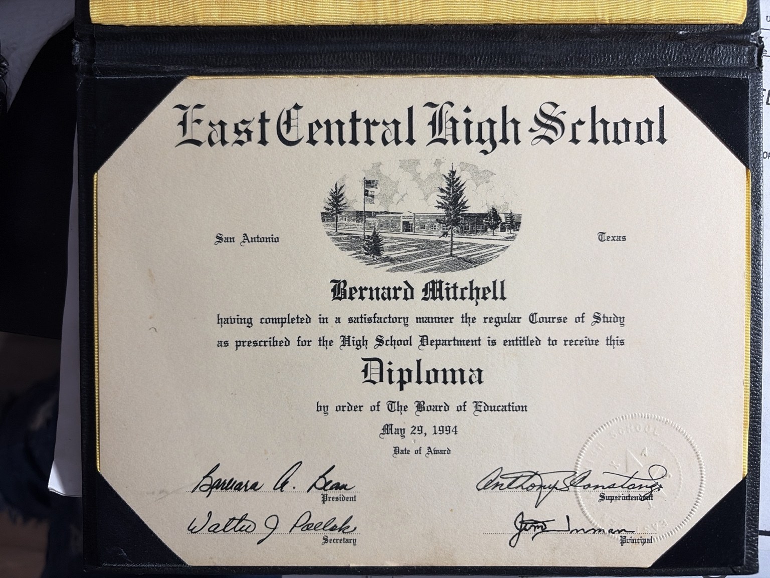 East Central High School diploma for Bernard Mitchell