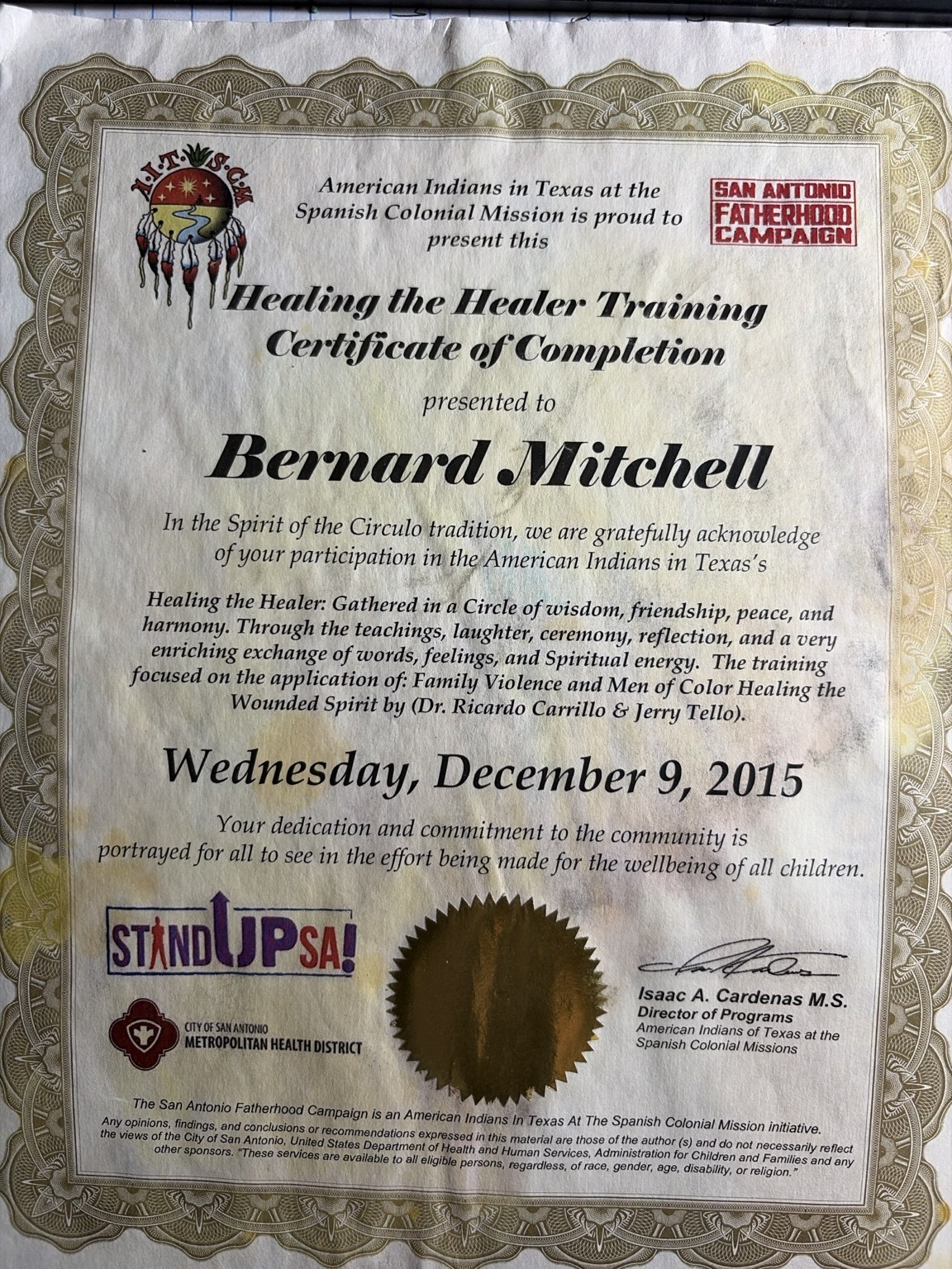 Healing the Healer training certificate of completion