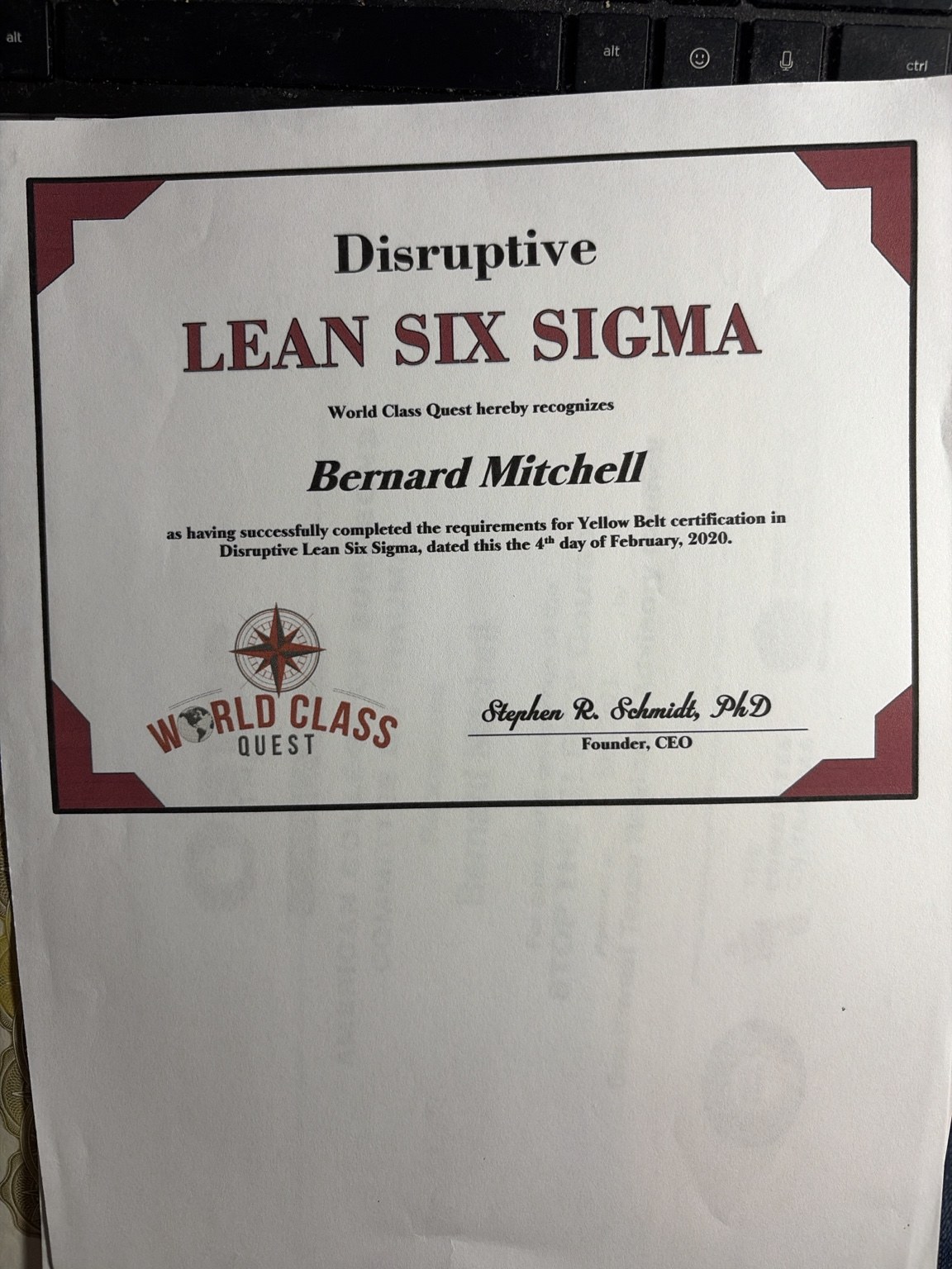 Lean Six Sigma Yellow Belt certificate for Bernard Mitchell