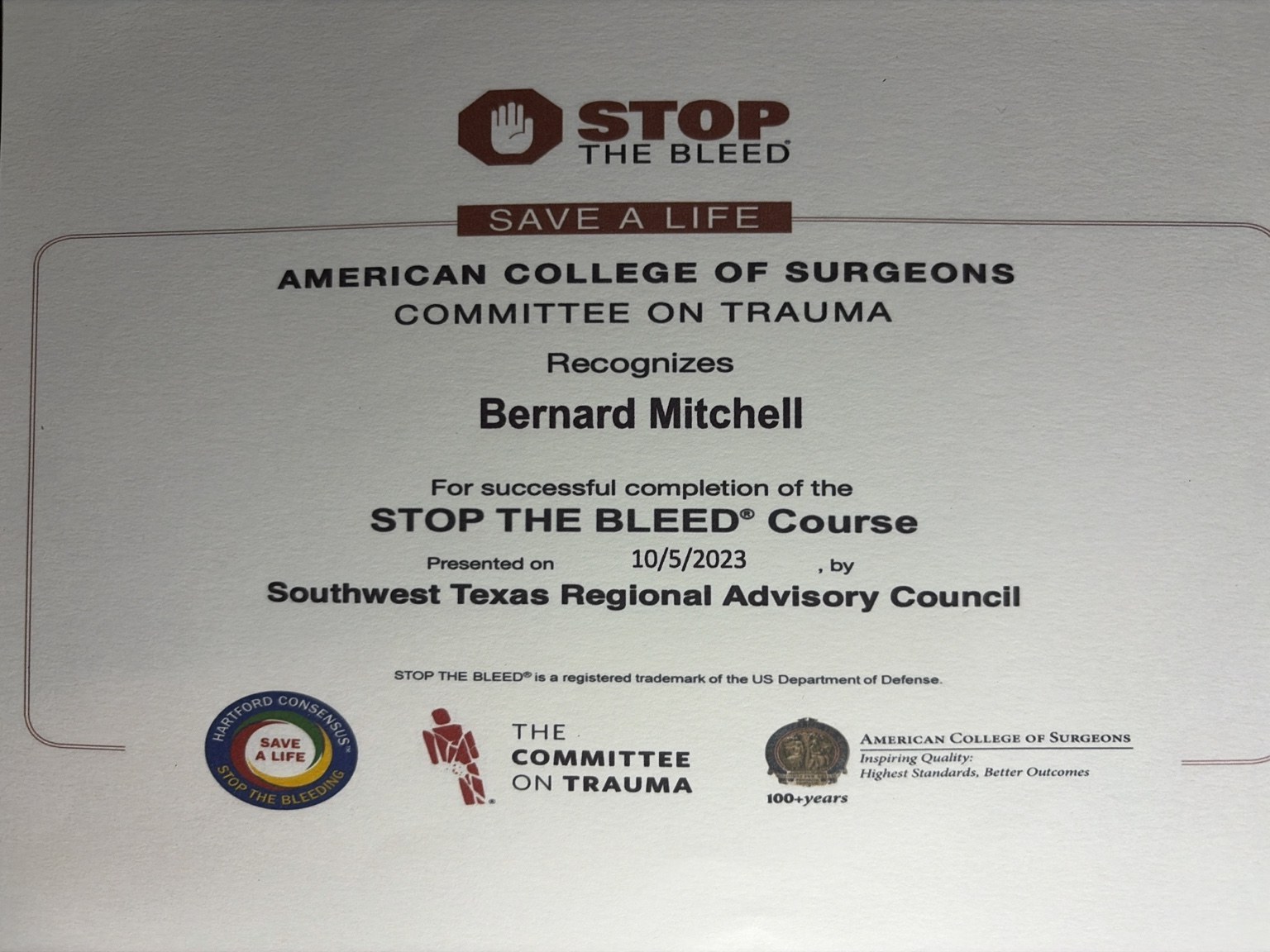 STOP THE BLEED certificate preview