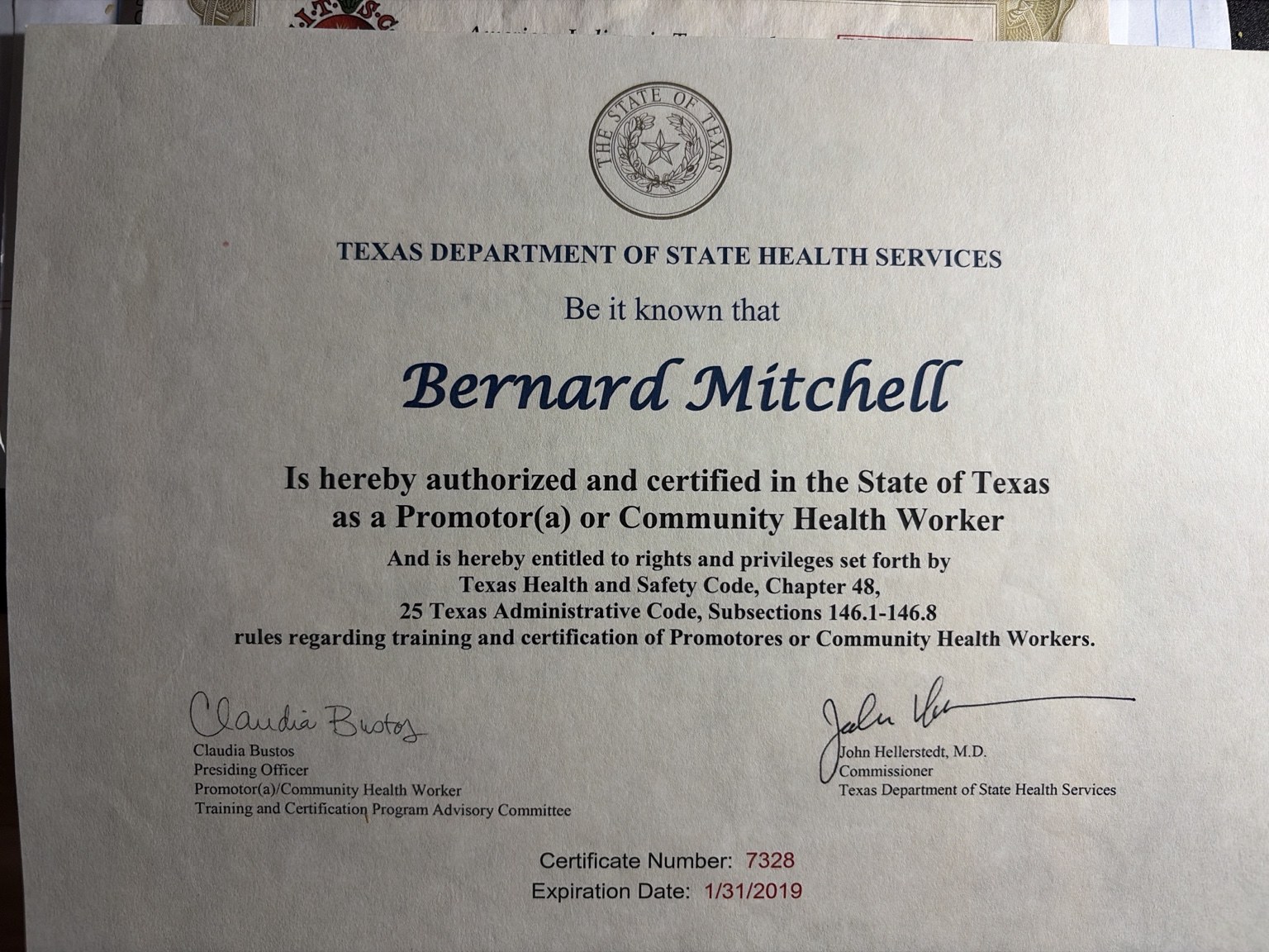 Texas Department of State Health Services Promotor(a) or Community Health Worker certificate for Bernard Mitchell